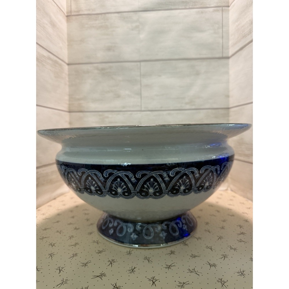 Bombay Company Footed Planter Large Arabesque Blue Design Silver Trim Rare Find